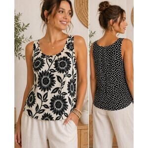Women's Floral Sequin Embellished Tank Top Sz S Black White Polka Dot Boho Artsy